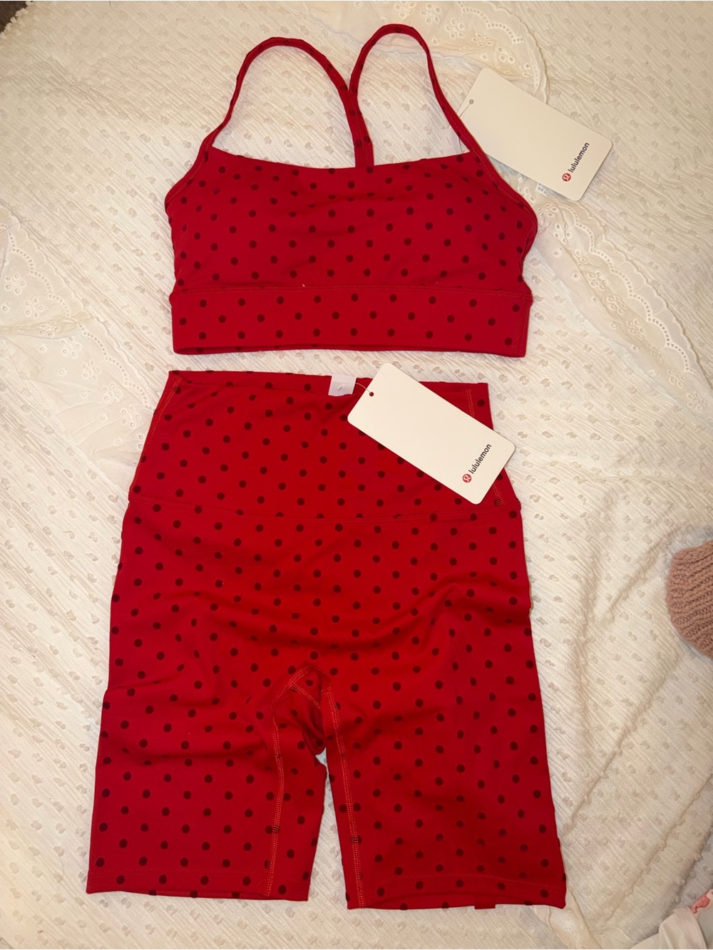 Lululemon Red Polka Dot Active Bike Shorts & Sports bra Set